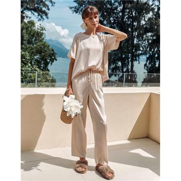 Women's Satin Silky Pajama Set - Short Sleeve Shirt & Long Pants, Soft Summer - Picture 2 of 7